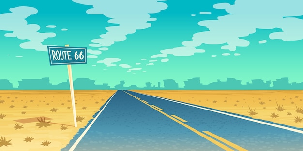 Free Vector desert landscape with empty asphalt way to canyon, wasteland. route 66, path with road sign. 