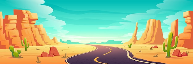 Free vector desert landscape with road, rocks and cactuses