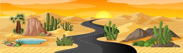 Free Vector desert oasis with long road landscape scene