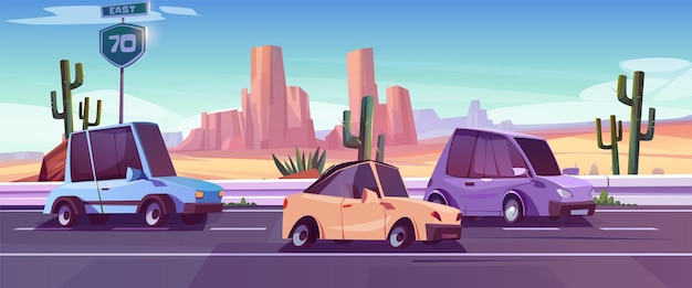 Free vector desert west road and car traffic cartoon landscape background arizona trip route in summer with wild scenery cactus in drought sand western valley near boulder and texas roadway sign for journey