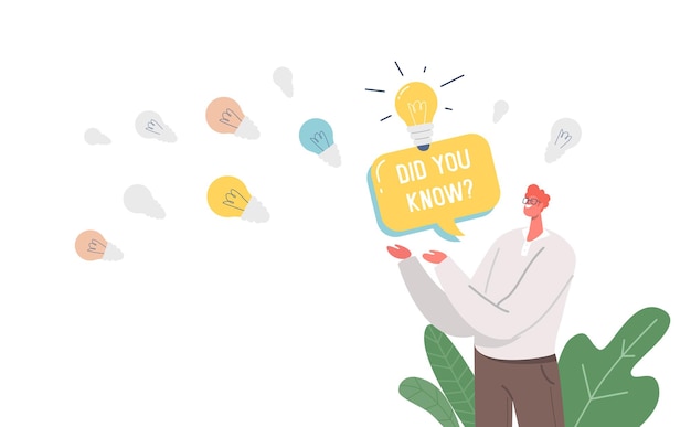 Free Vector did you know banner, man with speech bubble and glowing light bulbs representing explanation of interesting fact