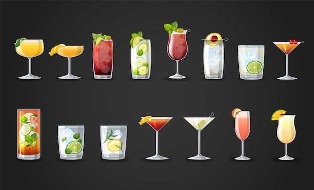 Free vector different cocktails in the glasses set cartoon