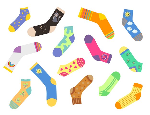 Free vector different cute socks flat illustrations set. collection of stylish trendy cotton or woolen socks for winter with various designs isolated on white