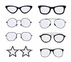 Free vector different glasses designs vector illustrations set. eyeglasses with black frames of different shapes and styles: old, modern, cool, hipster isolated on white background. medicine, fashion concept