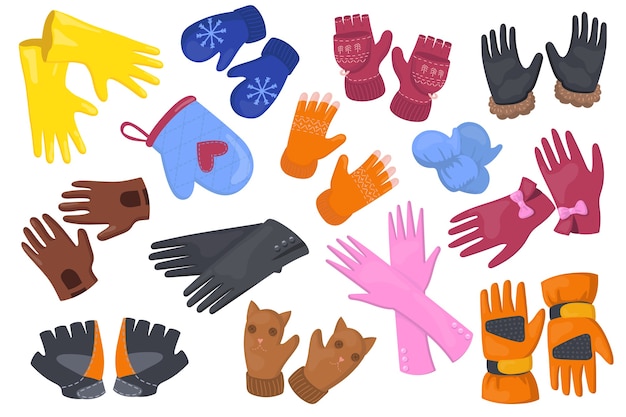 Free Vector different gloves flat illustration set. cartoon protective pair of mittens, mitts for hands  isolated vector illustration collection. winter accessories and design concept