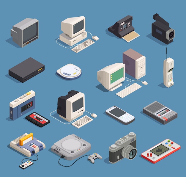 Free Vector different retro gadgets isometric icons set with computer player recorder console phone camera 3d isolated 