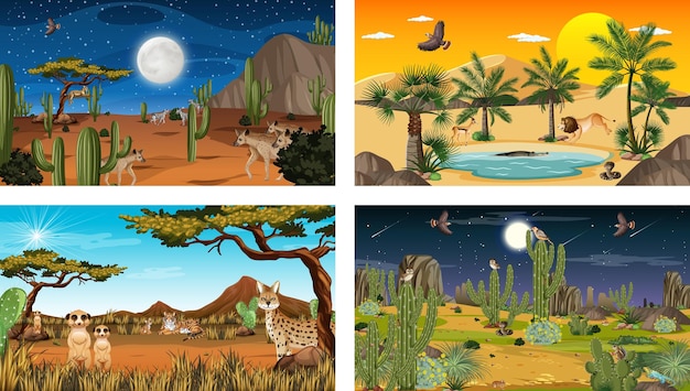 Free Vector different scenes with desert forest landscape with animals and plants