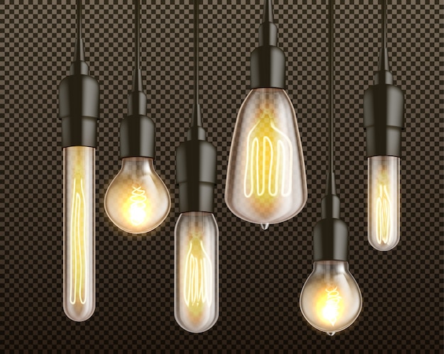 Free Vector different shapes and forms retro incandescent light bulbs with heated wire filament hanging from above in black lamp holders 3d realistic vector set isolated