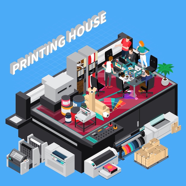 Free Vector digital print house with latest technology ers team providing solutions for customers projects isometric composition