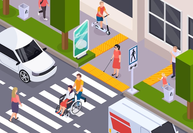 Free vector disabled people crossing street in wheelchair and using blindness cane on tactile pavement isometric composition