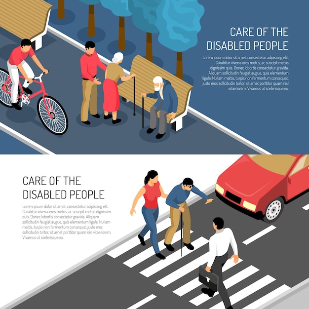 Free Vector disabled people isometric horizontal banners assistance to elderly and blind persons isolated