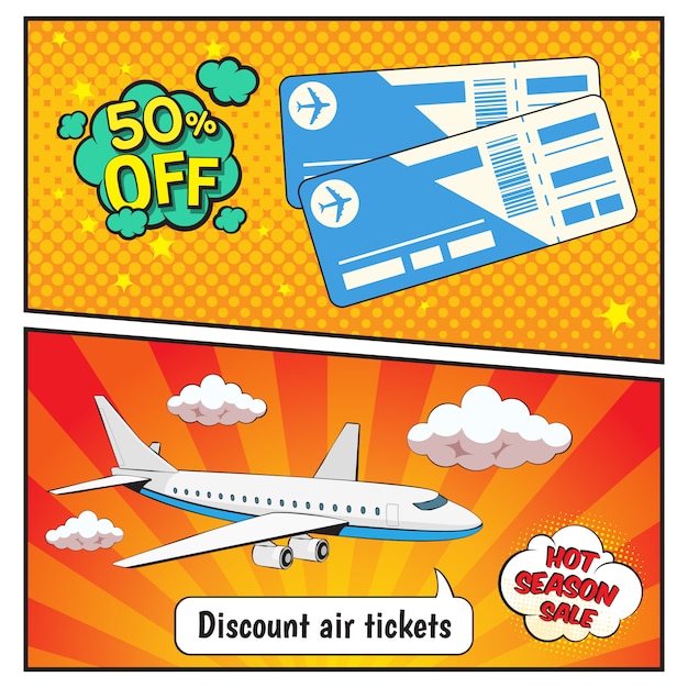 Free Vector discount air tickets comic style banners