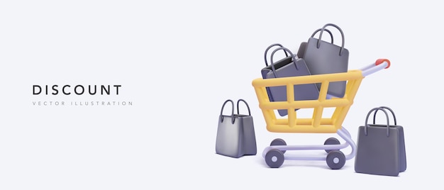 Free Vector discount banner with yellow shopping cart and black gift bags in realistic style. vector illustration