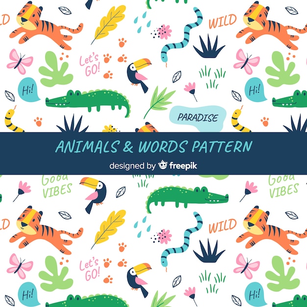 Free Vector doodle animals and words pattern