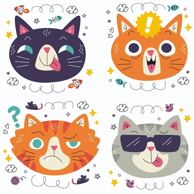 Free Vector doodle cat emoticons stickers collection