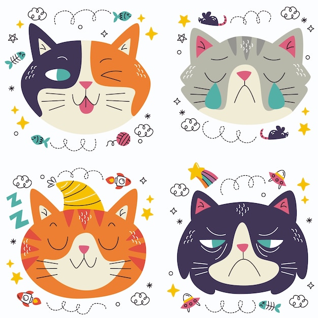 Free Vector doodle cat emoticons stickers collection