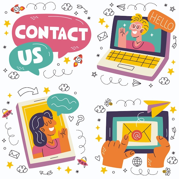 Free vector doodle contact and communication stickers collection