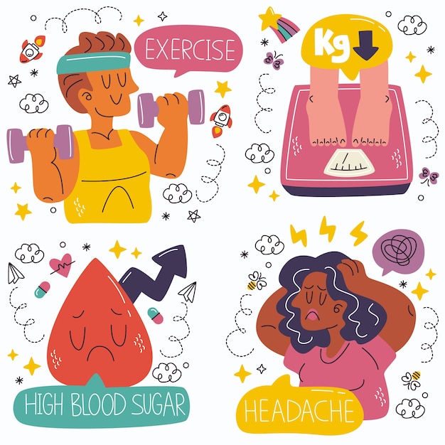 Free Vector doodle diabetes stickers collection