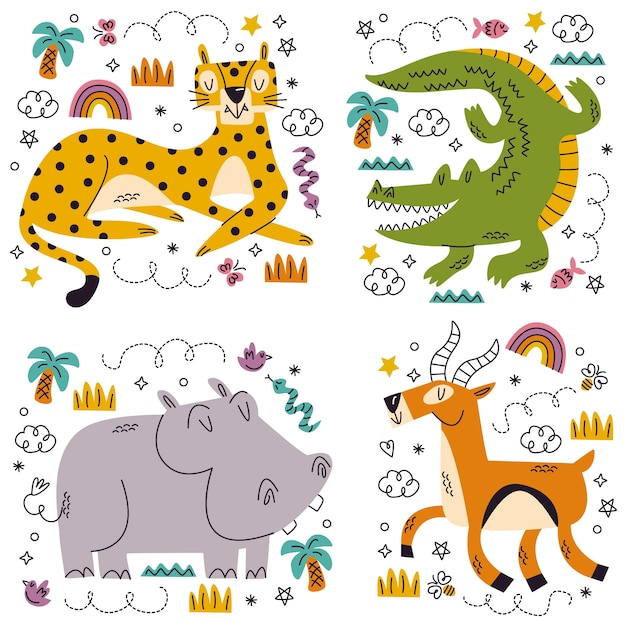 Free vector doodle hand drawn animal sticker set