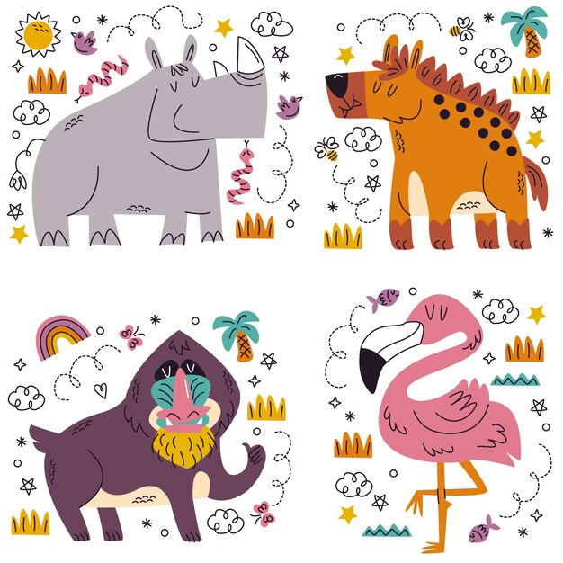 Doodle hand drawn animal sticker set