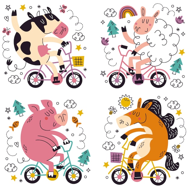 Free vector doodle hand drawn animals in bicycles sticker set