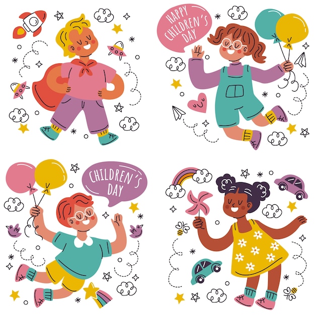 Free Vector doodle hand drawn children's day sticker set