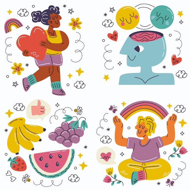 Free Vector doodle hand drawn health stickers collection