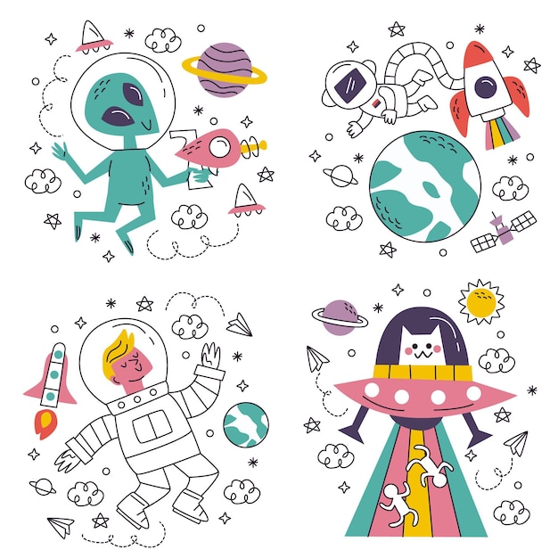 Free Vector doodle hand drawn science fiction stickers