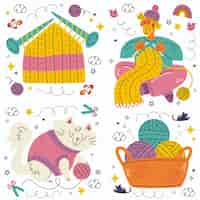 Free vector doodle knitting stickers collection