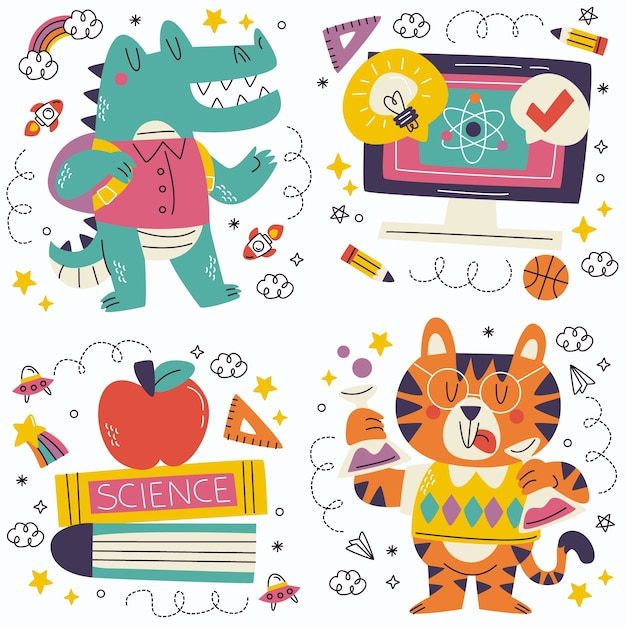 Free vector doodle school stickers collection