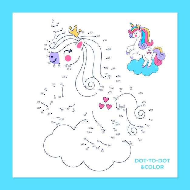 Dot to dot game worksheet with unicorn animal