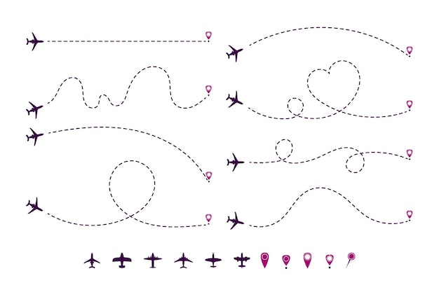 Free vector dotted airplane trajectories cartoon illustration set. path or way of plane, aircraft of jet in shape of heart, line or circles with destination point or location mark. travel, distance, route concept