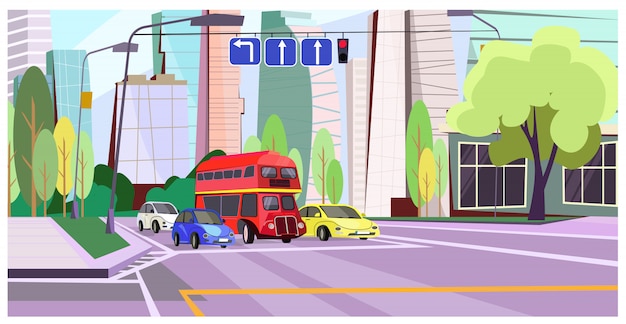 Free vector double-decker bus and cars at red light illustration