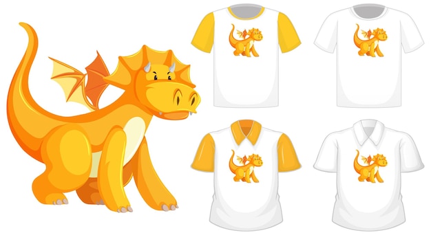 Free Vector dragon cartoon character logo on different white shirt with yellow short sleeves isolated on white background