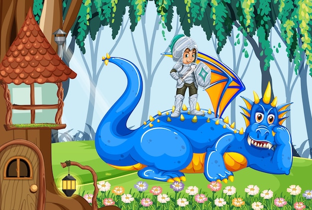 Free Vector dragon and knight in enchanted forest background