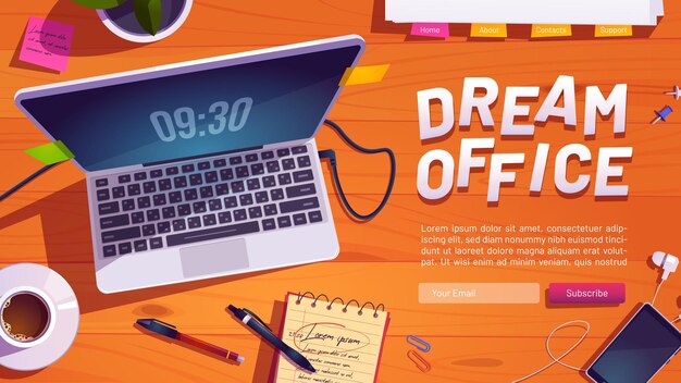 Dream office website with top view of workspace