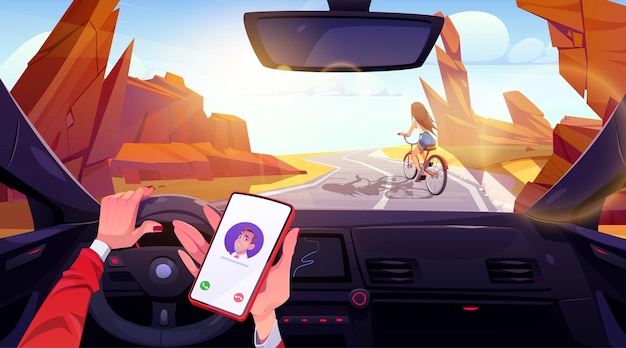 Free Vector driver inside car holding phone in hand on desert road cartoon background illustration windshield view on woman ride bicycle in canyon highway mobile calling interface and steering at sunny day