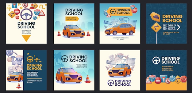 Free Vector driving school instagram post templates