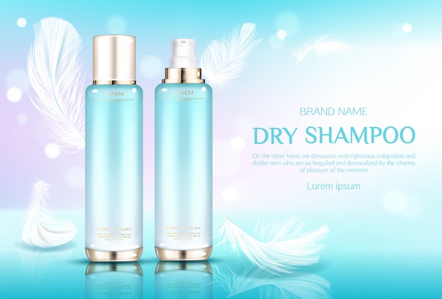 Free Vector dry shampoo cosmetic bottles, tubes with gold sprayer caps on light blue with feathers.