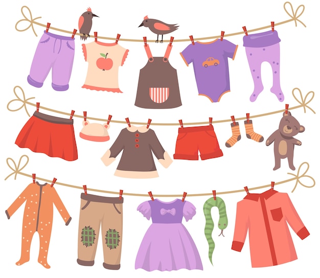 Free vector drying baby clothes set. clean small bodies, dresses, pants, shorts, socks, pajamas, toys hanging on ropes with birds. vector illustrations collection for infants garments, parenthood, laundry concept