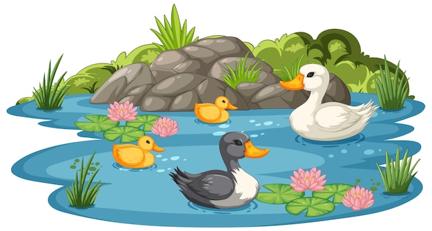 Free Vector duck family enjoying the pond