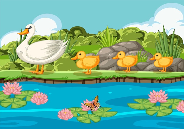 Free Vector duck family enjoying riverside scenery