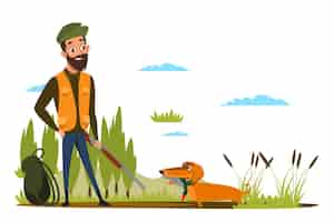 Free vector duck hunting hobby smiling hunter holding weapon rifle dog brings prey young man with dachshund in forest