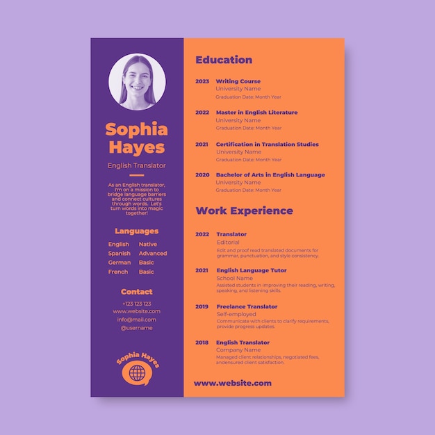 Duotone simple sophia hayes translator resume template