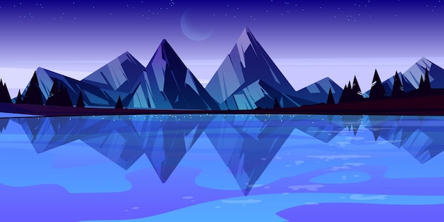 Free Vector dusk mountain lake scenery landscape, night pond