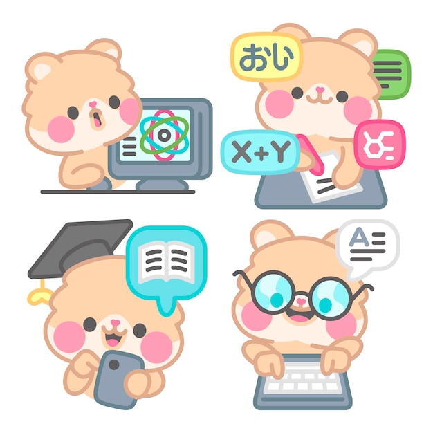 Free Vector e-learning stickers collection with kimchi the hamster