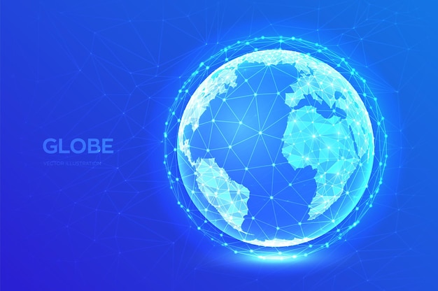 Free Vector earth globe illustration. abstract polygonal planet. low poly design. global network connection. blue futuristic background with planet earth. internet and technology. vector illustration.