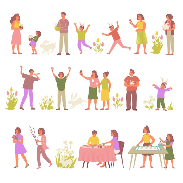 Easter set with flat isolated icons of flowers and eggs with human characters greeting each other vector illustration