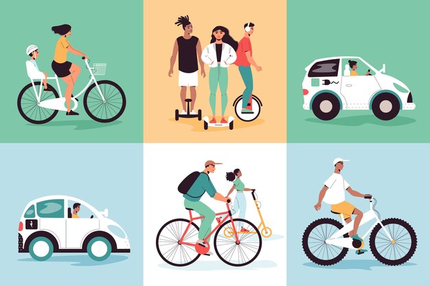 Eco transport design concept set of six square icons with people riding bikes skateboards and electric cars illustration