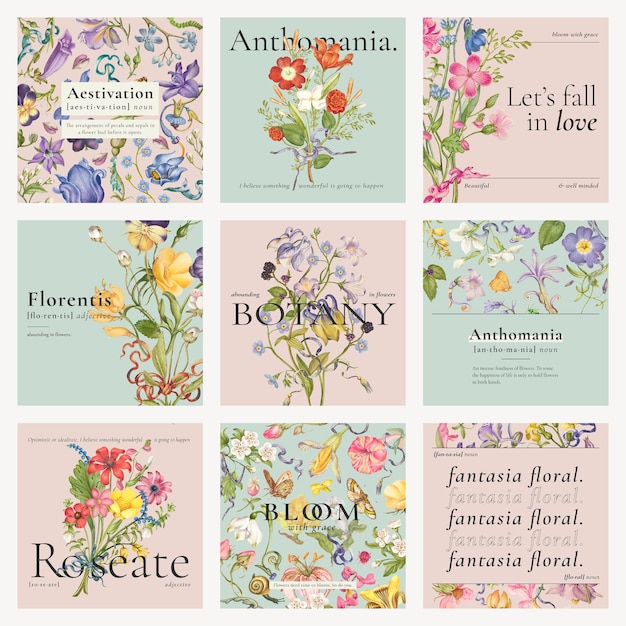 Free vector editable aesthetic floral template vector blog social media post collection